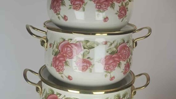 5-Piece Floral Enamel Cookware Set with Golden Handles